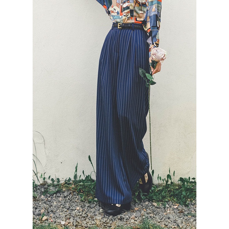 Women Blue High Waist Striped Draping Wide Leg Pants Spring