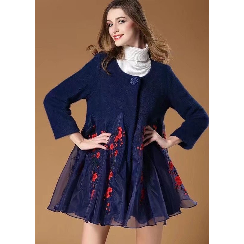 Women Blue Organza Patchwork Embroideried Wool Coats Winter
