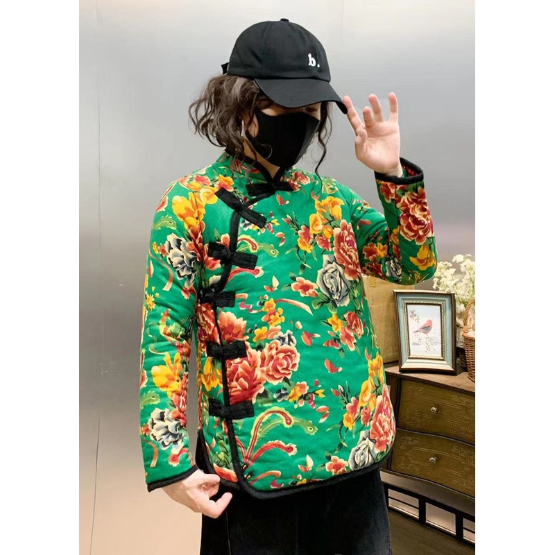 Women Green Stand Collar Print Fine Cotton Filled Coats Winter