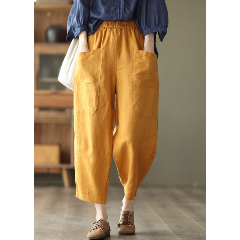 Women Yellow Elastic Waist Pockets Linen Harem Pants Spring