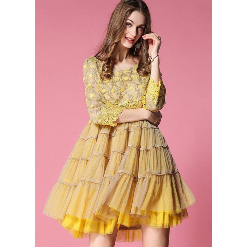Women Yellow Embroidered Lace Patchwork Tulle Dress Bracelet Sleeve