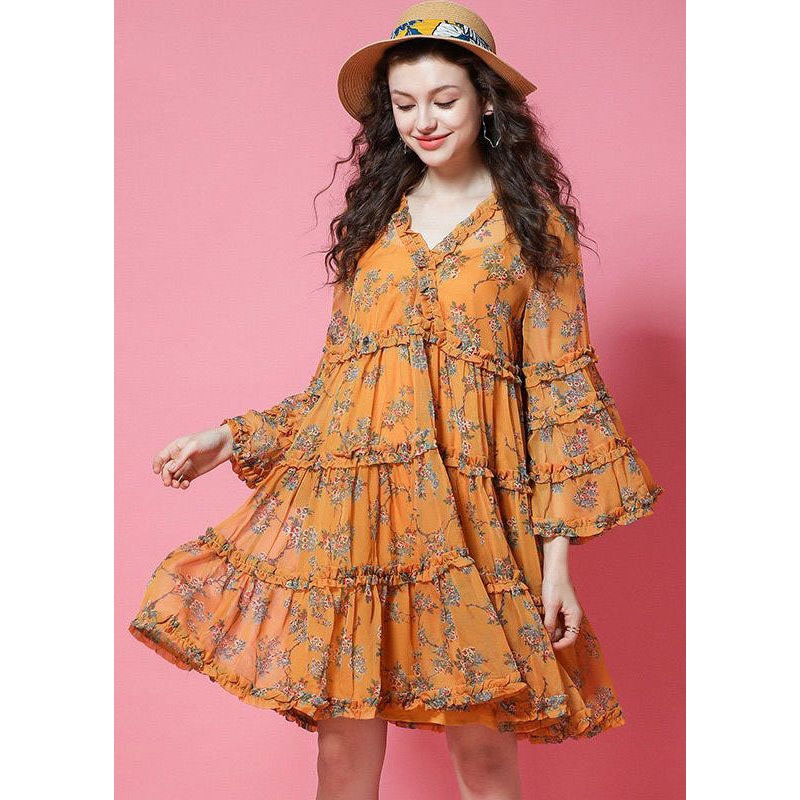 Yellow Print Chiffon Holiday Dresses Ruffled Lantern Sleeve