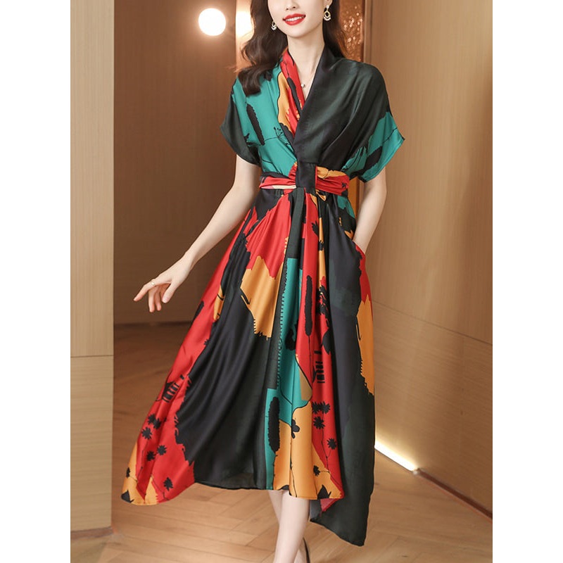 2023 Summer Elegant Satin Shirt Dress Tunic Midi Dress