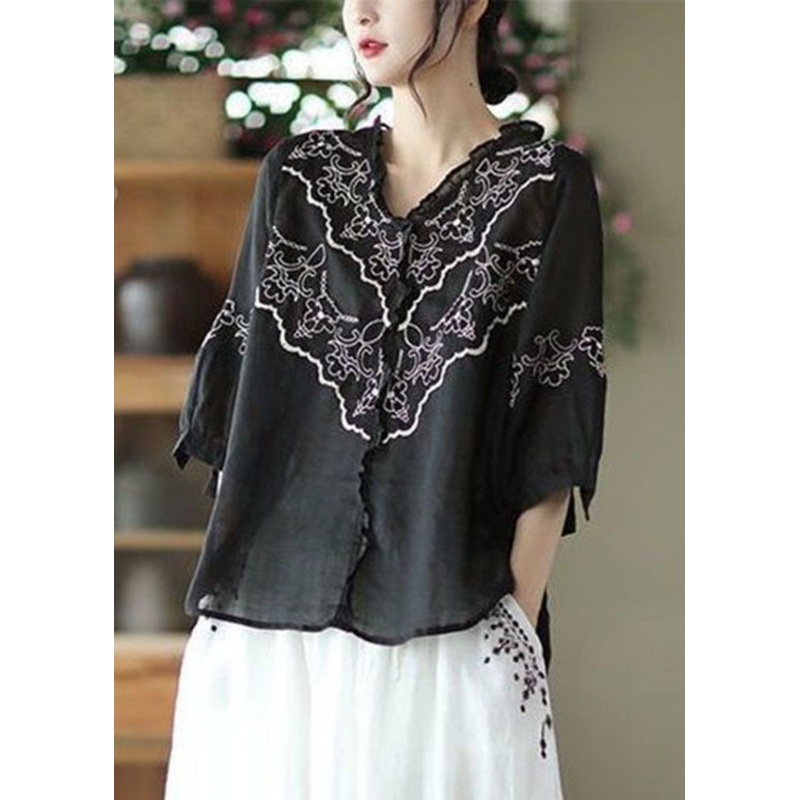 Art Black Embroidered Patchwork Linen Tops Summer