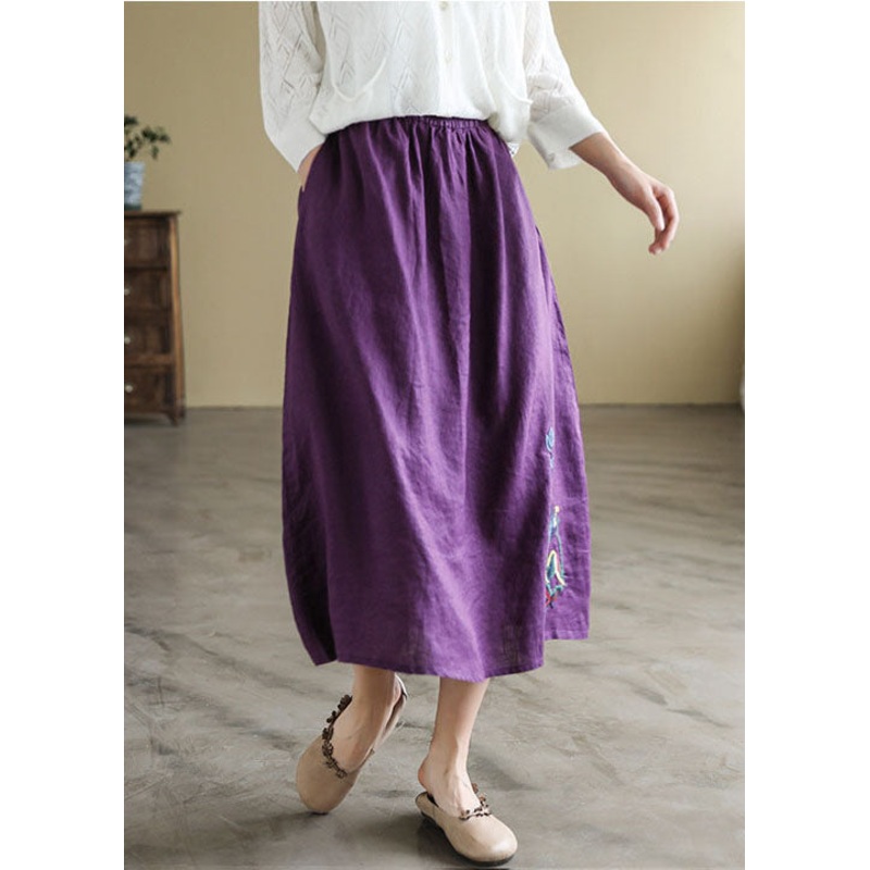 Bohemian Black Elastic Waist Embroideried Linen A Line Skirts Spring