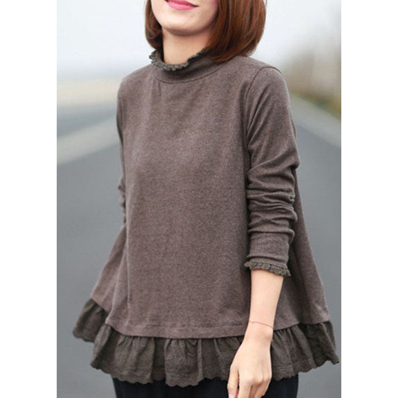Bohemian Coffee Stand Collar Patchwork Ruffles Cotton Tops Spring