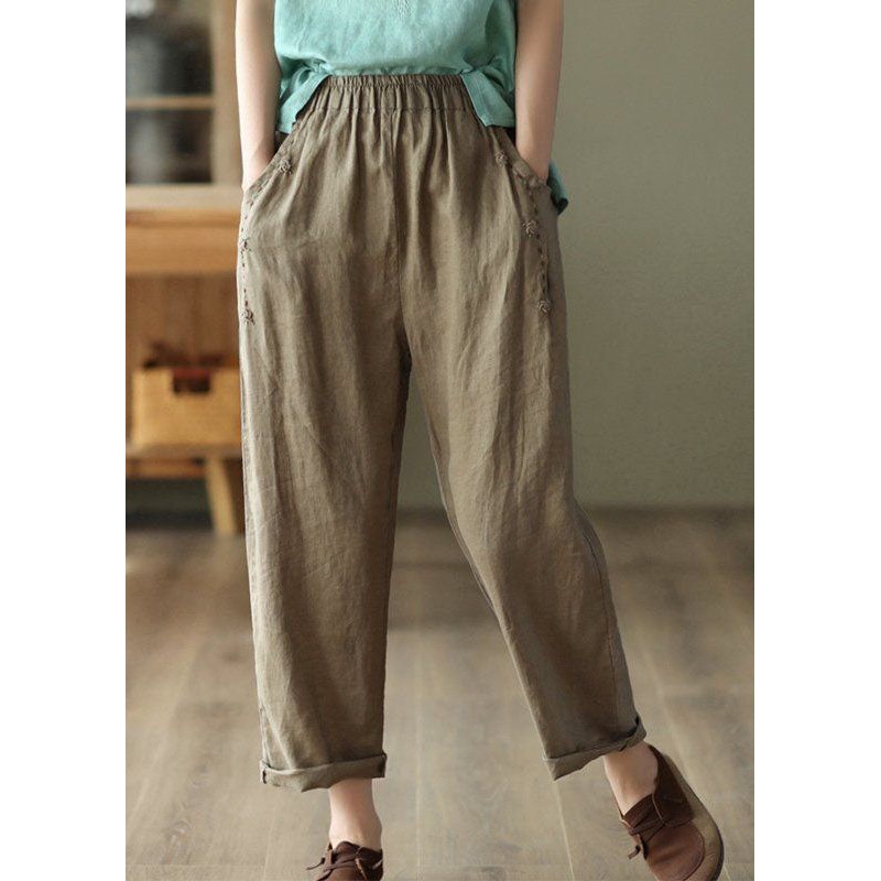 Brown Pockets High Waist Linen Pants Summer