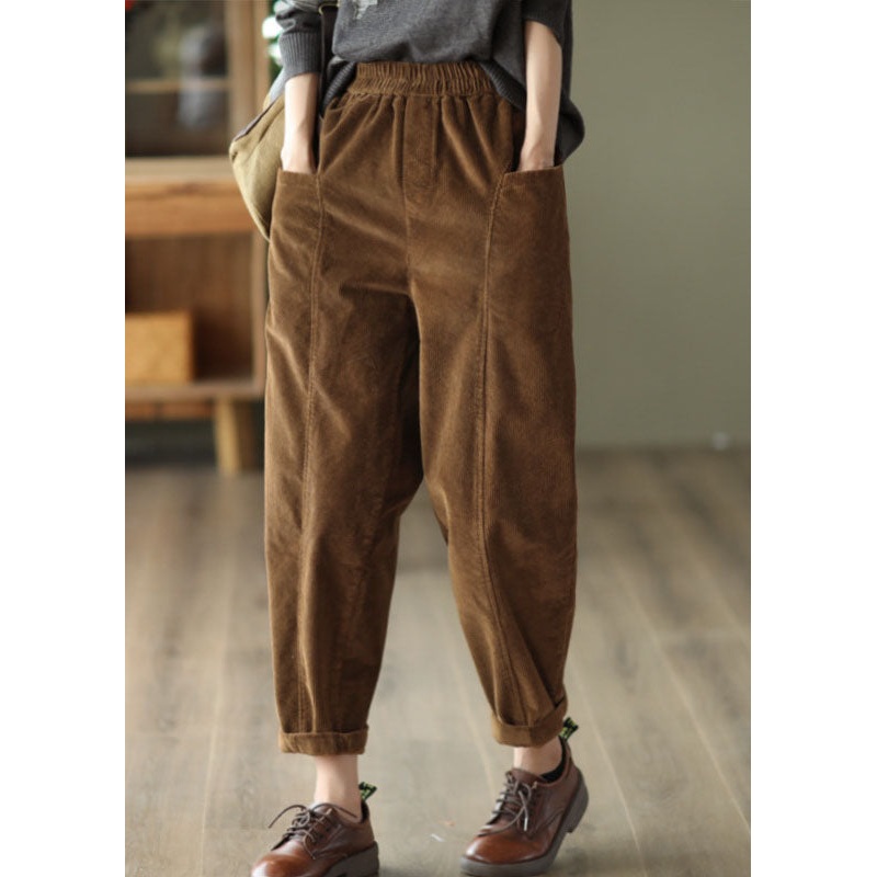 Caramel Patchwork Corduroy Harem Pants Oversized Pockets Spring