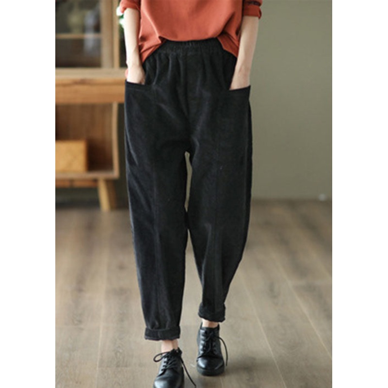 Casual Black Elastic Waist Patchwork Pockets Corduroy Pants Spring