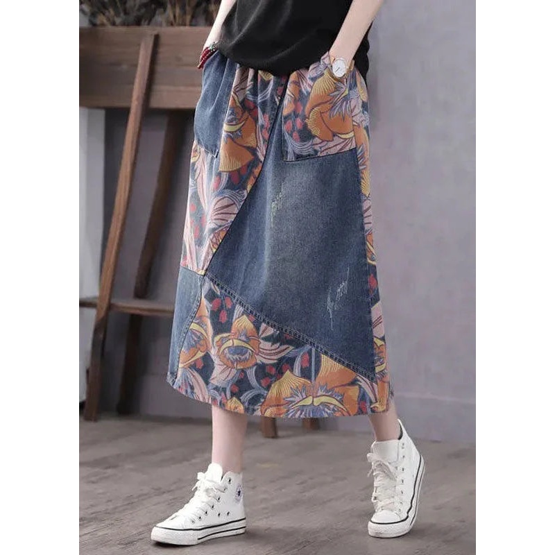 Casual Blue Pockets Patchwork Print A Line Fall Denim Skirt