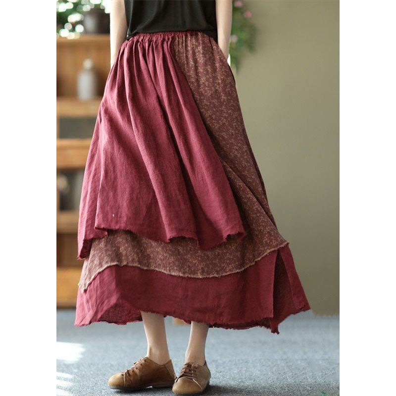 Casual Brick Red Print Asymmetrical Patchwork Cotton Skirt Spring