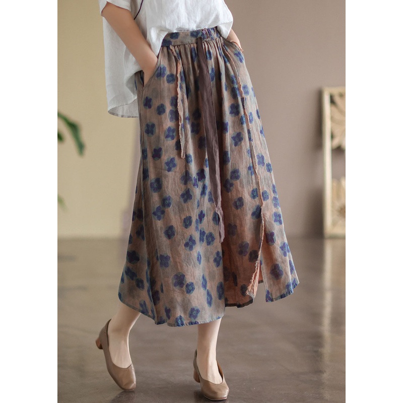 Casual Coffee Print Patchwork Linen Skirts Spring