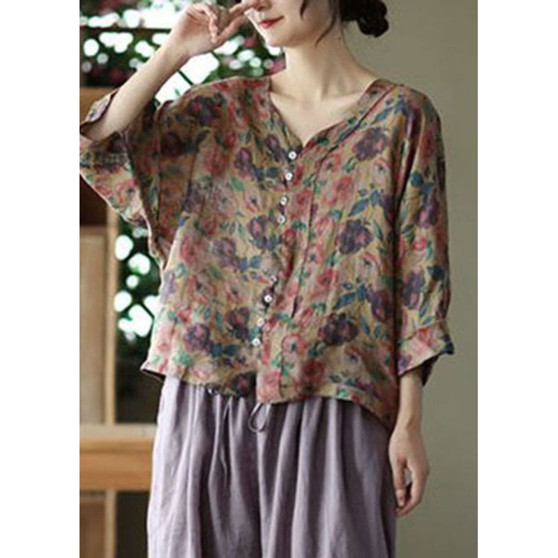 Casual Coffee V Neck Print Linen Shirt Tops Summer