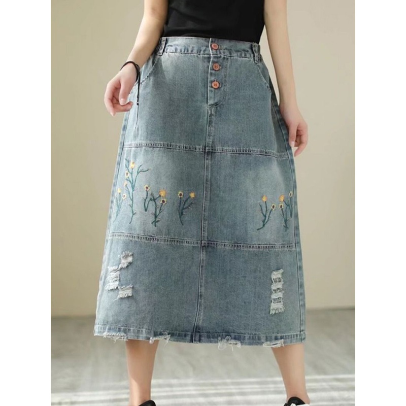 Casual Denim Mid-calf Button Hole Patchwork Skirt