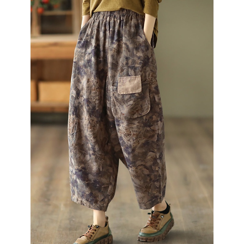 Casual Floral Patch Pocket Loose Pants Spring