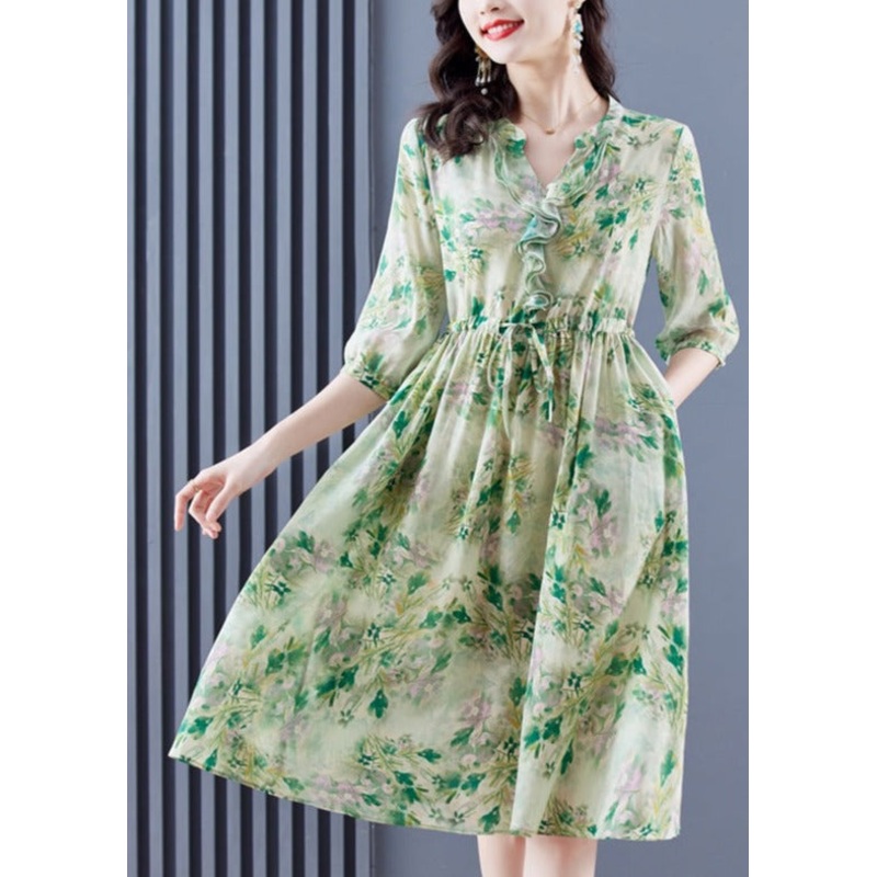 Casual Floral Silk Chic Ruffled V-Neck Midi Dress
