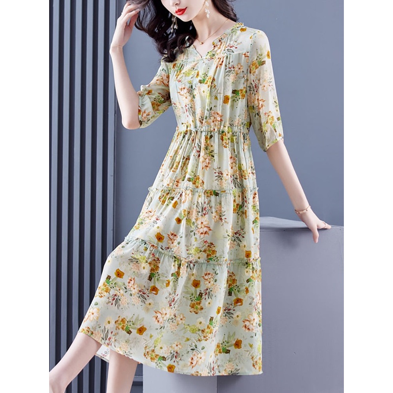 Casual Floral Silk Ruffled V-Neck Midi Dress