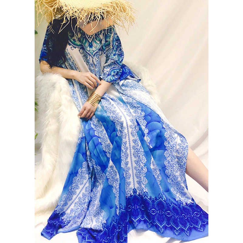 Casual Green O-Neck Print Side Open Silk Beach Long Dress Short Sleeve