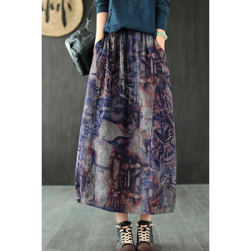 Casual Retro Print Elastic Waist Wild Skirt