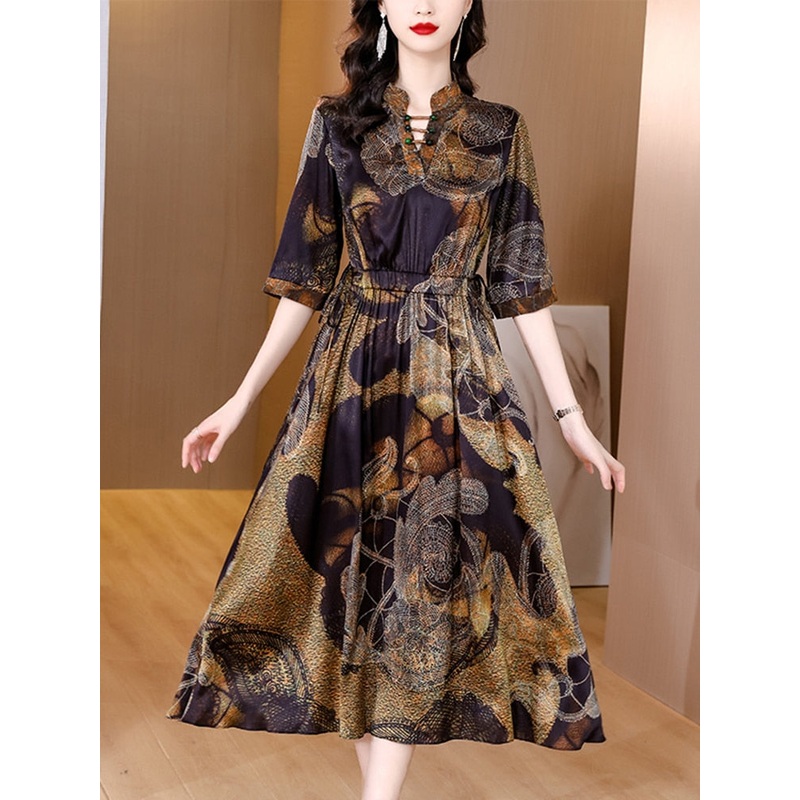 Casual Vintage Floral Natural Silk Satin Dress