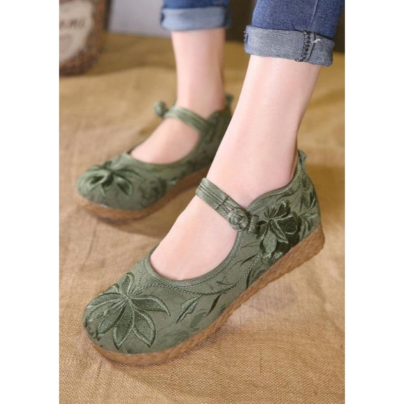 Chic Buckle Strap Flat Feet Shoes Green Embroidered Cotton Fabric