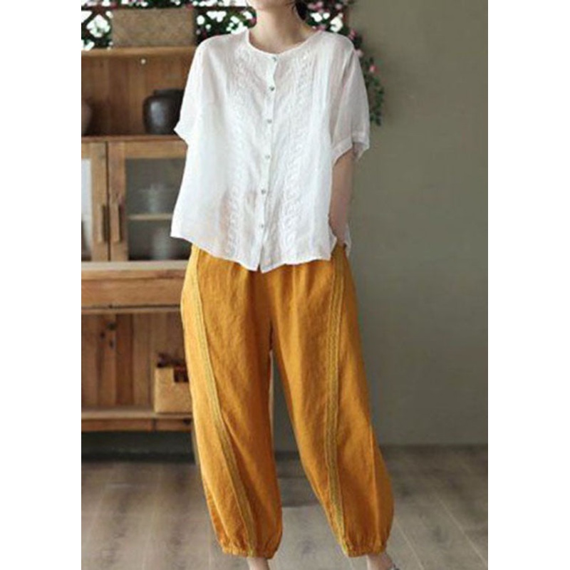 Chic Yellow Pockets Patchwork Linen Harem Pants Summer