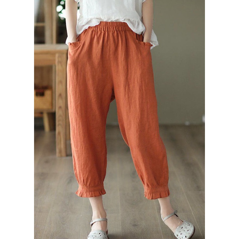 Classy Orange Wrinkled Pockets Patchwork Linen Crop Pants Summer