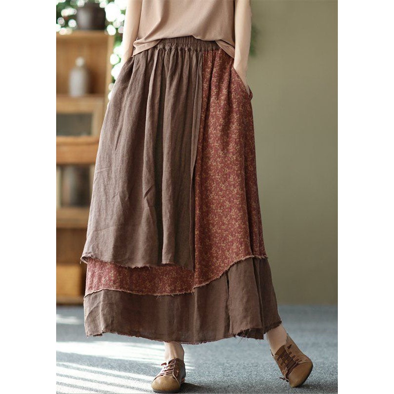 Coffee Pockets Patchwork Cotton Skirt Wrinkled Asymmetrical Spring