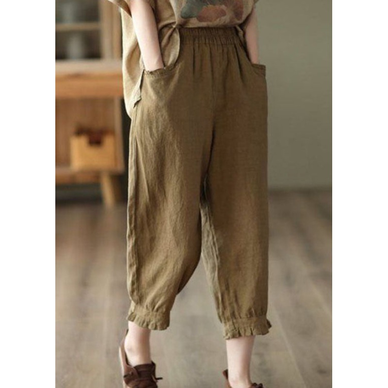 Coffee Pockets Patchwork Linen Crop Pants Cinched Summer