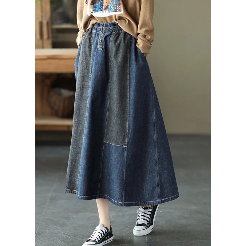 Dark Blue Denim Skirt Elastic Waist Button
