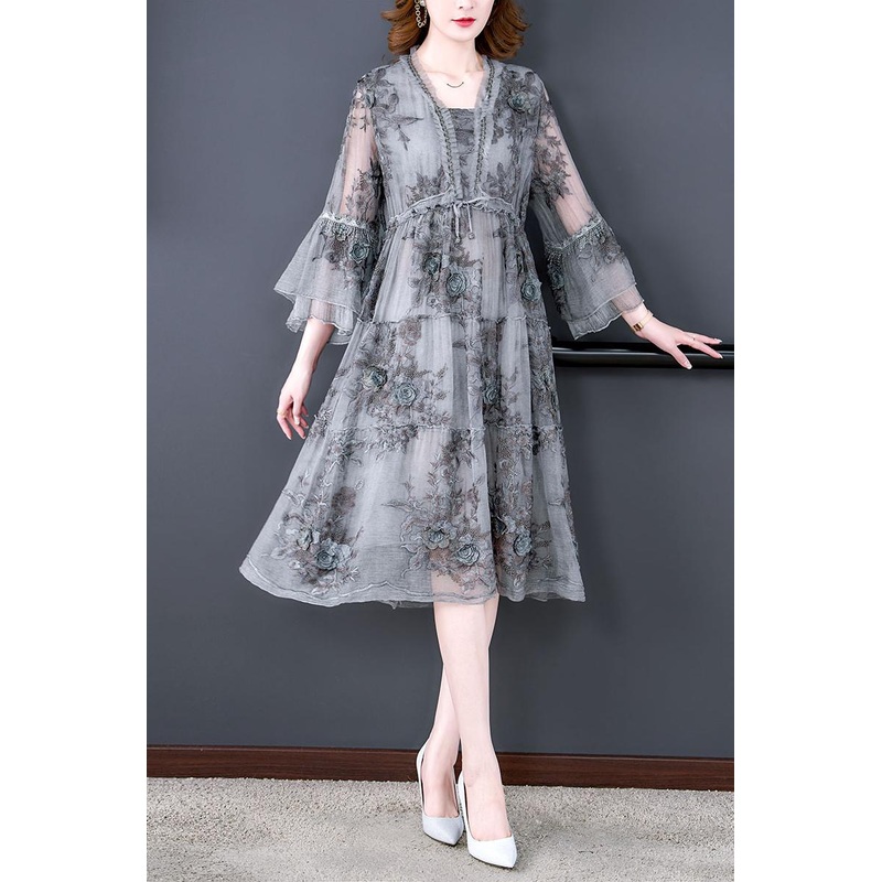Elegant Floral Silk Hollow Out Sexy Midi Dress