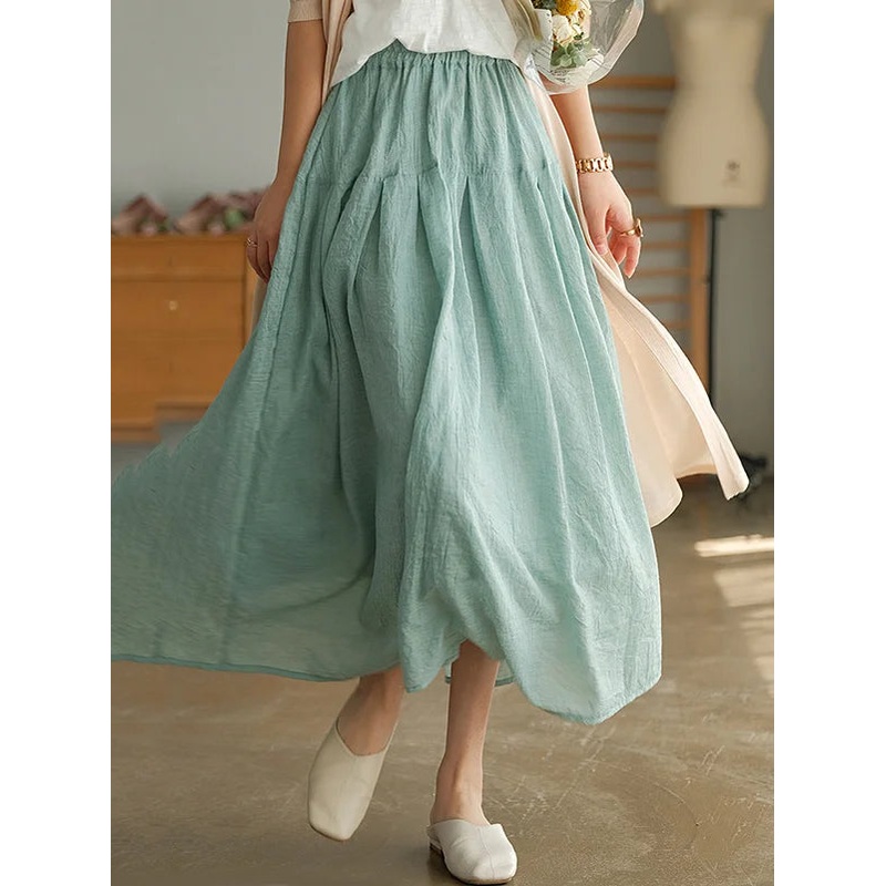 Elegant Ramie Cotton Solid Color Loose Skirt