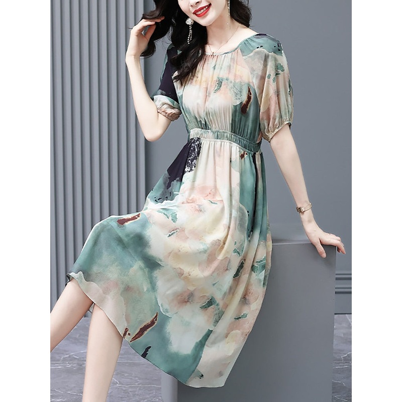 Elegant Summer Floral Silk Midi Dress Short Sleeve