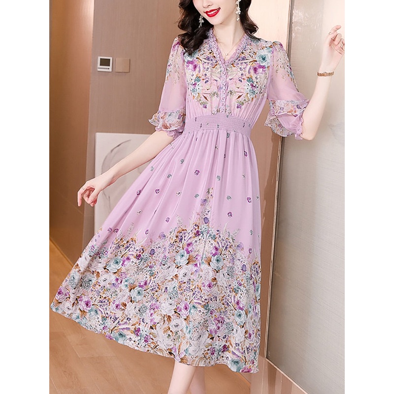 Fashion Floral Silk V-Neck Dress Butterfly Sleeve