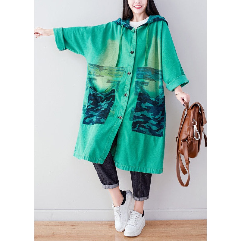 Fashion Green Hooded Print Cotton Hoodie Coat Spring