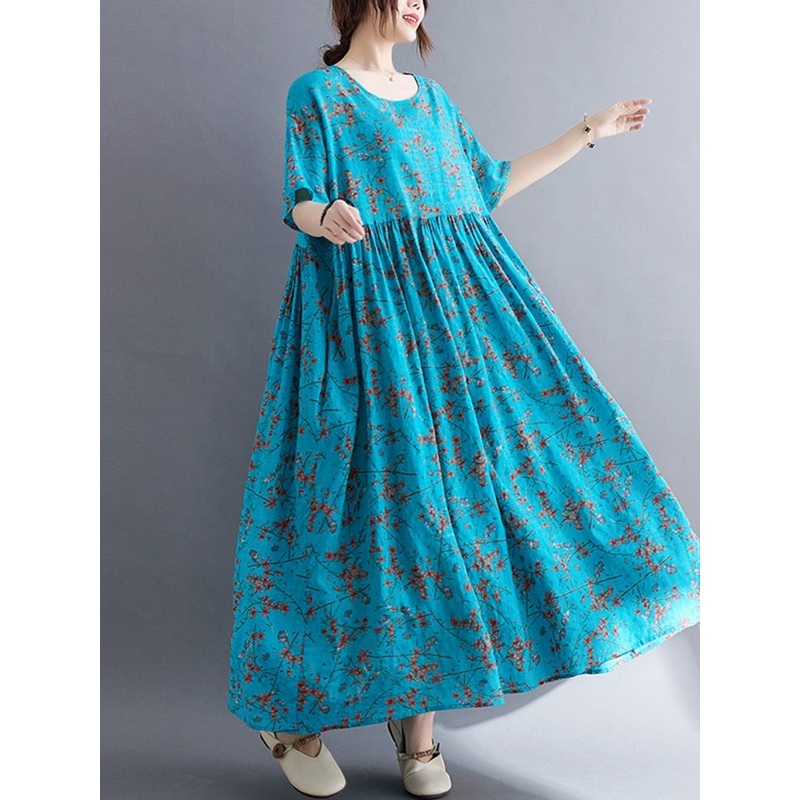 Fashion Print Cotton Linen Dress Boho Long Dress