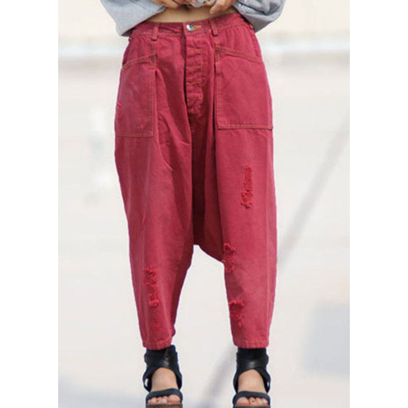 Fashion Red Pockets Patchwork Denim Harem Crop Pants Spring