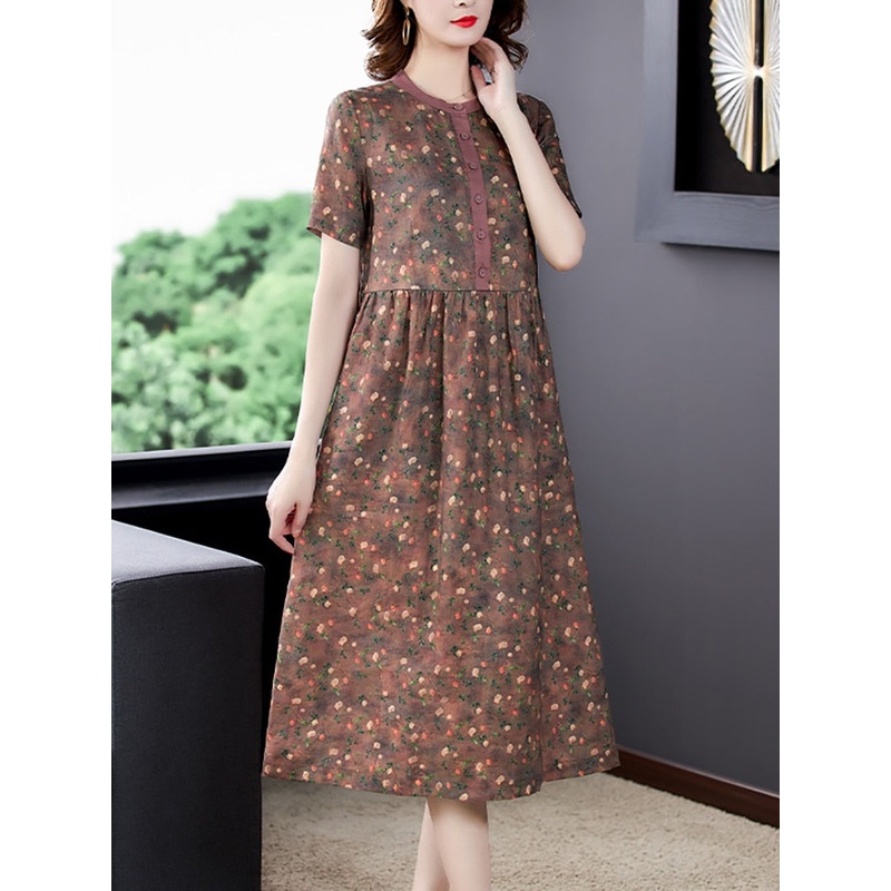 Floral Ramie Chic Luxury Silk Party Dress Short Sleeve