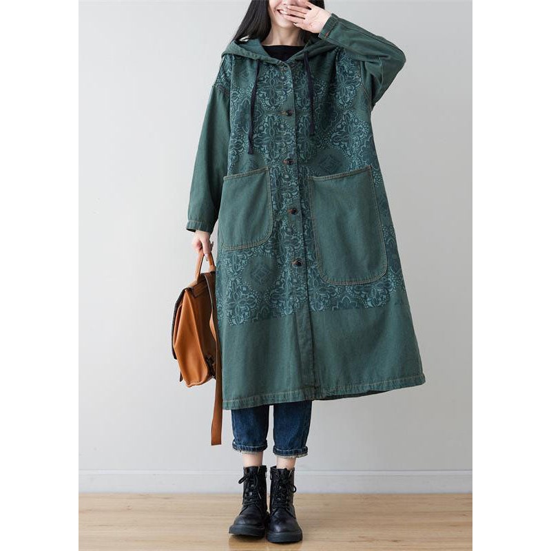 French Green Patchwork Print Denim Hoodies Outwear Spring