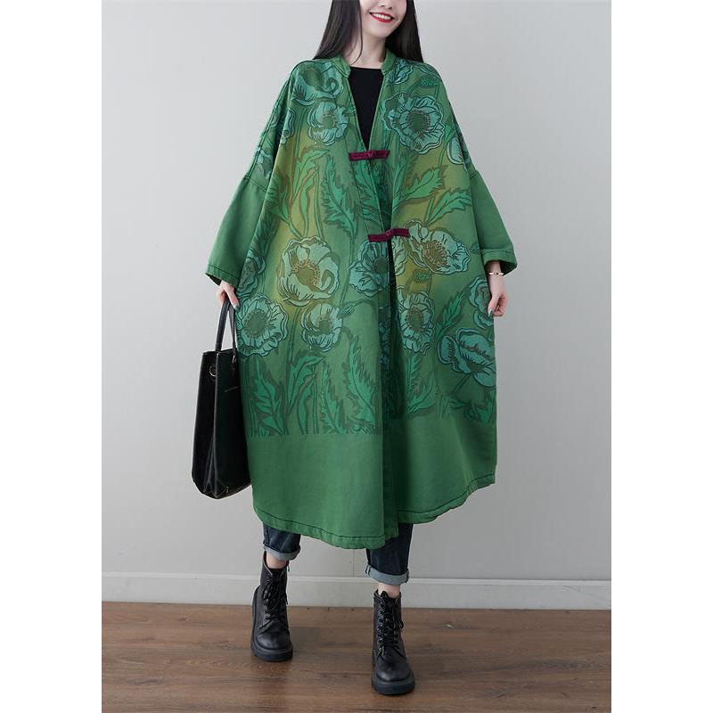 Green Chinese Button Print Cotton Coats V Neck Spring