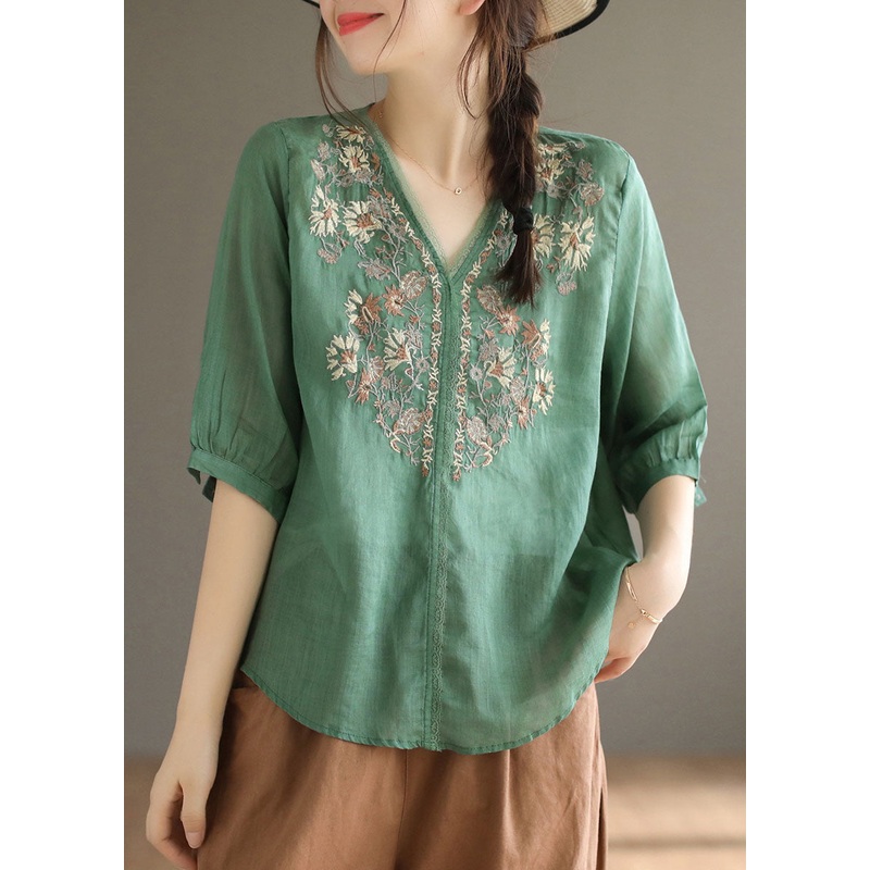 Green Linen Blouses V Neck Embroideried Oversized Half Sleeve