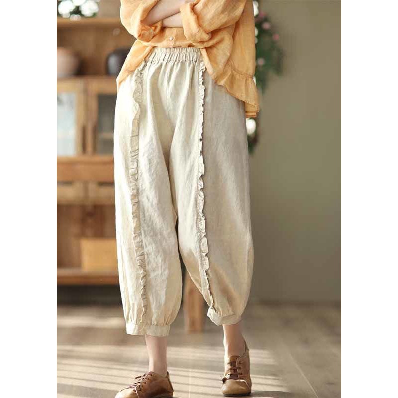 Handmade Beige Ruffled Patchwork Linen Crop Pants Summer