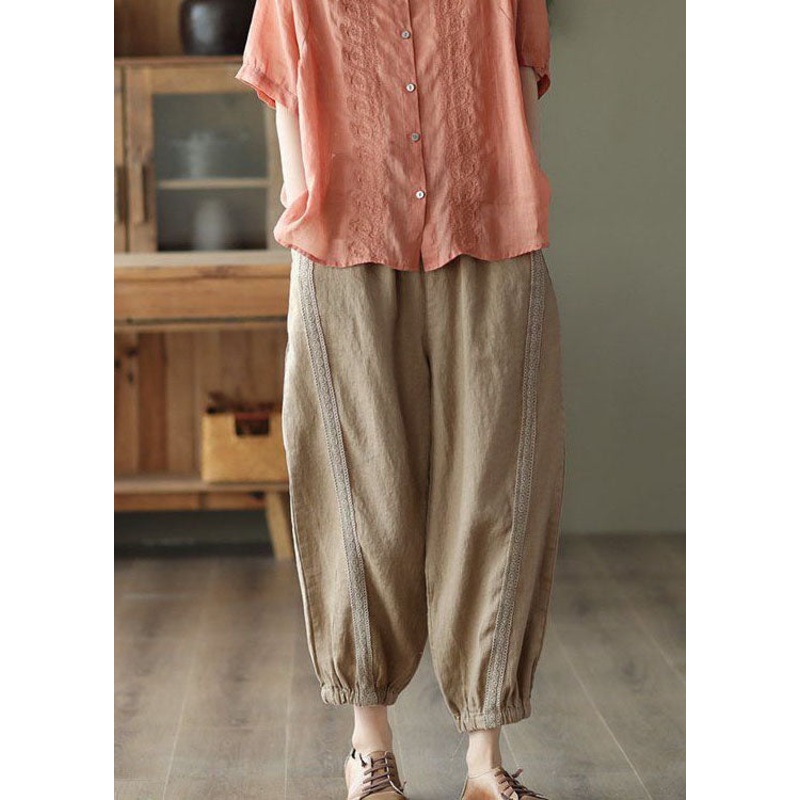 Khaki Hollow Out Patchwork Linen Harem Pants Summer