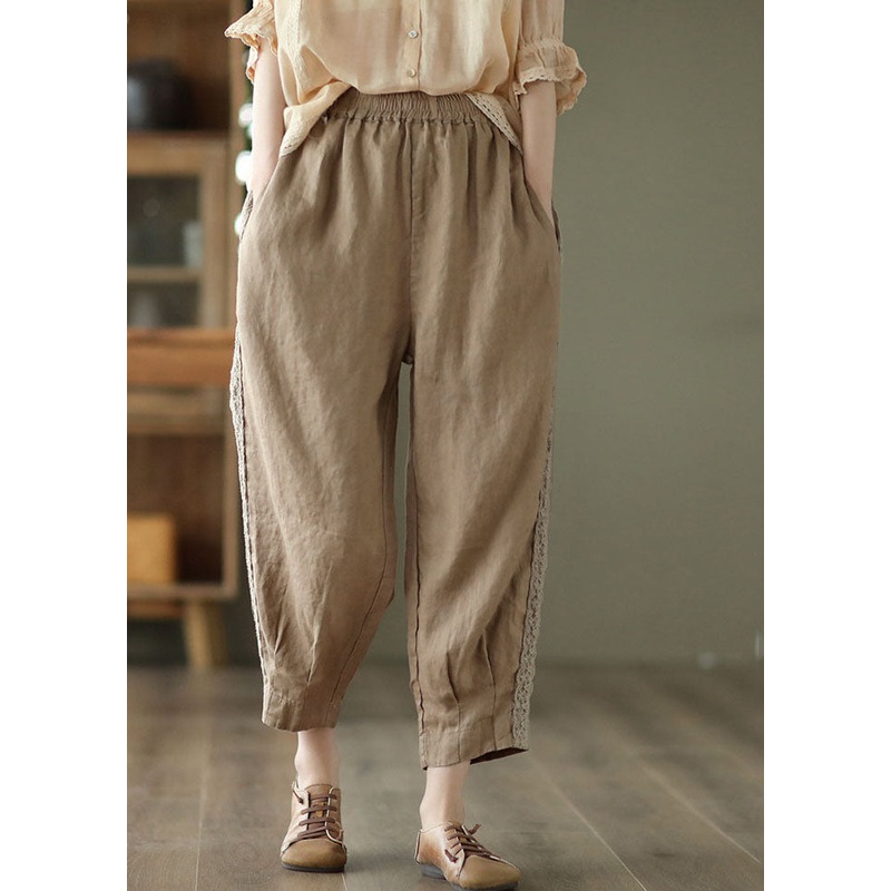 Khaki Patchwork Linen Crop Pants Elastic Waist Oversized Pockets Spring