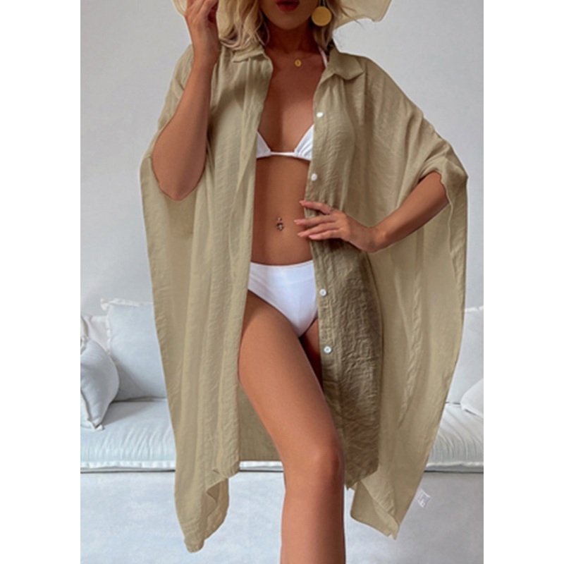 Khaki Peter Pan Collar Button Beach Cotton Shirts Half Sleeve