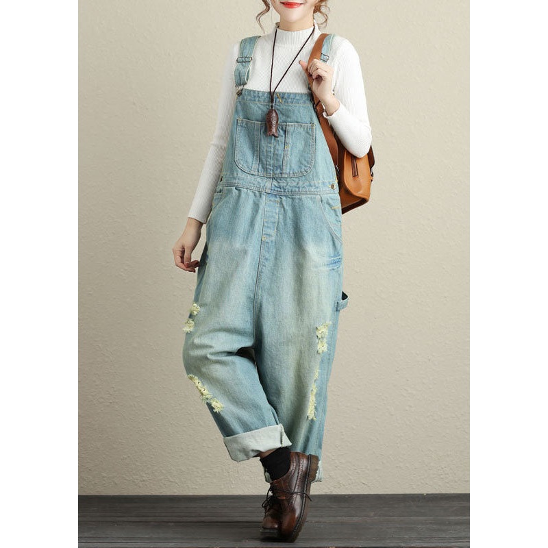 Light Blue Patchwork Ripped Jeans Jumpsuits Spring