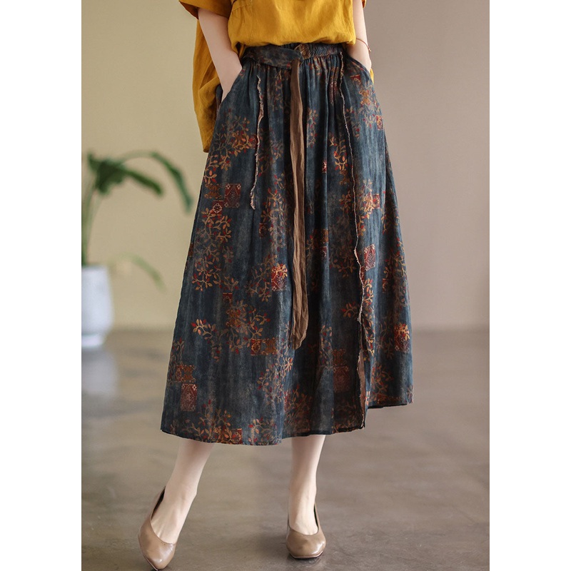 Navy Patchwork Linen A Line Skirts Oversized Spring