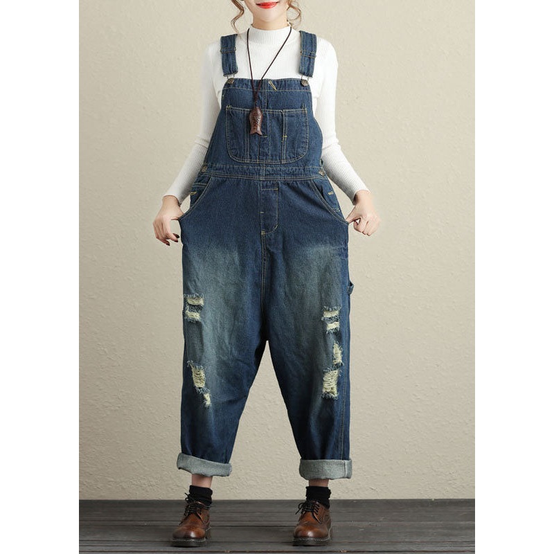 Navy Pockets Patchwork Denim Jumpsuits Spring