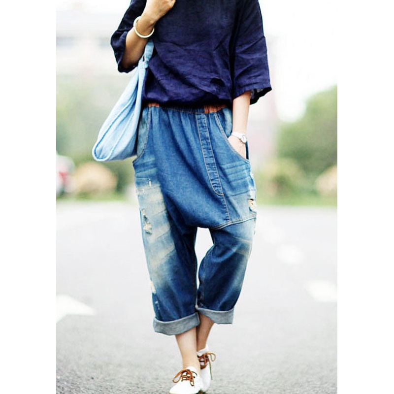 Navy Pockets Patchwork Ripped Jeans Pants Spring