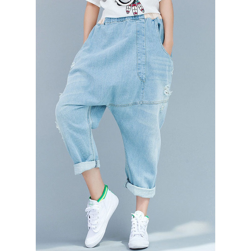 Organic Baby Blue Asymmetrical Design Patchwork Denim Pants Spring